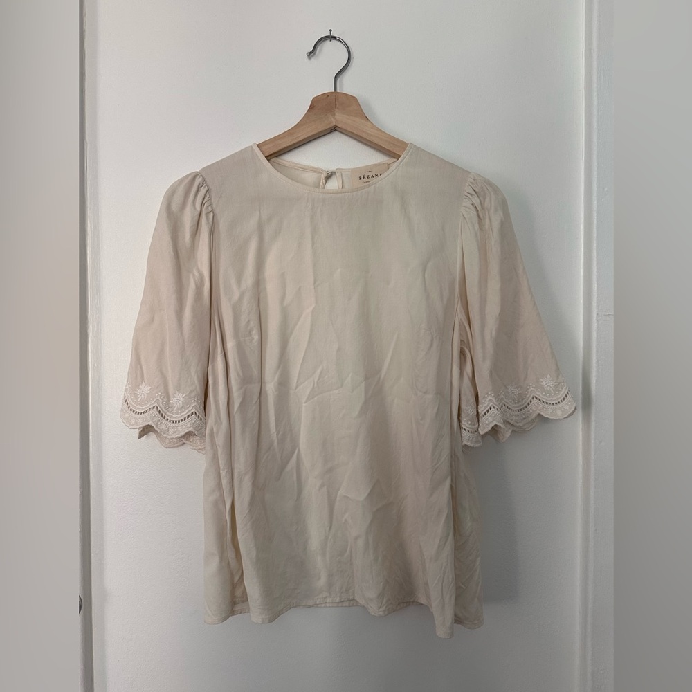 Sezane Ivory White Silk Eyelet Top Short Sleeve Blouse